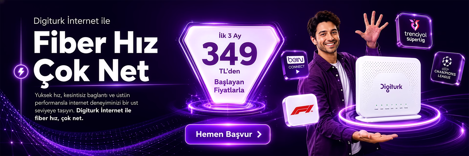 Digiturk İnternet ile fiber hız kampanyasını, ilk 3 ay 349 TL’den başlayan fiyatları, hemen başvur butonunu ve Digiturk modem görselini gösteren ana sayfa hero slider görseli