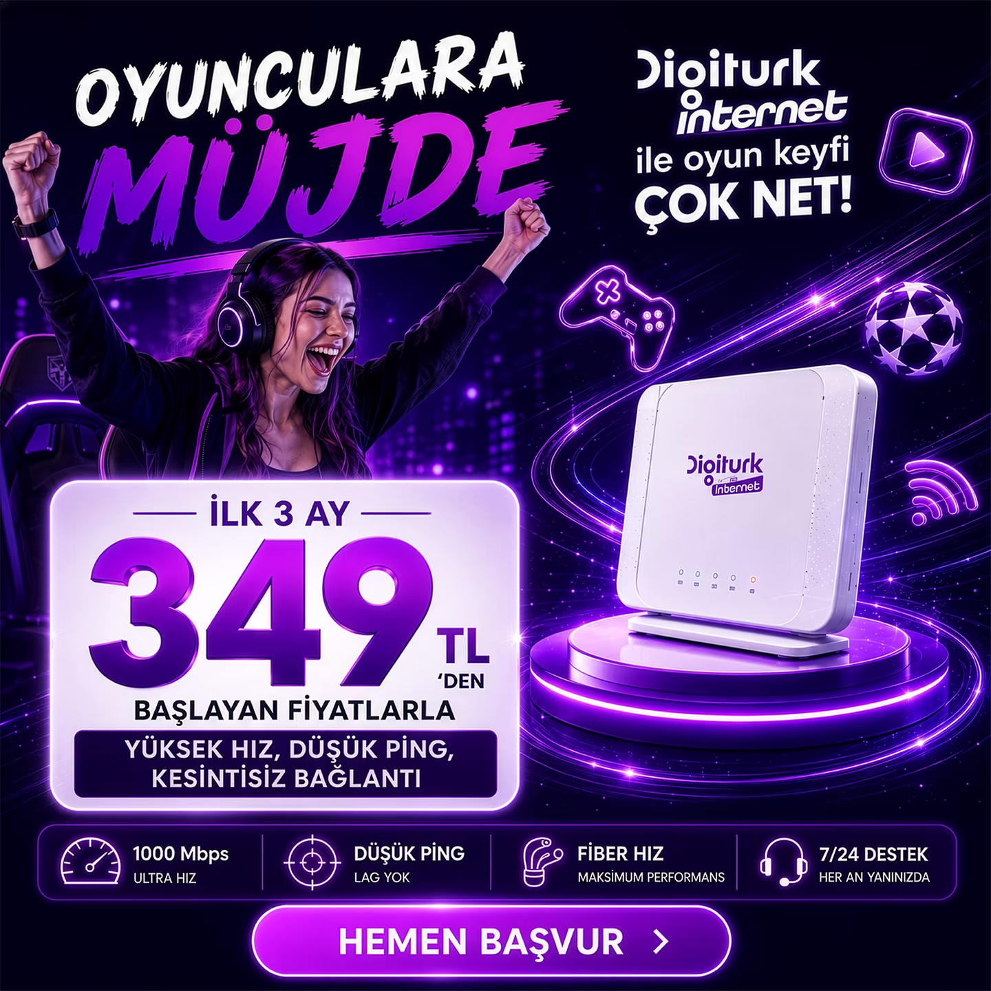 Digiturk İnternet gaming kampanyasını, oyuncular için düşük ping, fiber hız, kesintisiz bağlantı ve 349 TL’den başlayan fiyat bilgisiyle gösteren mobil hero slider görseli