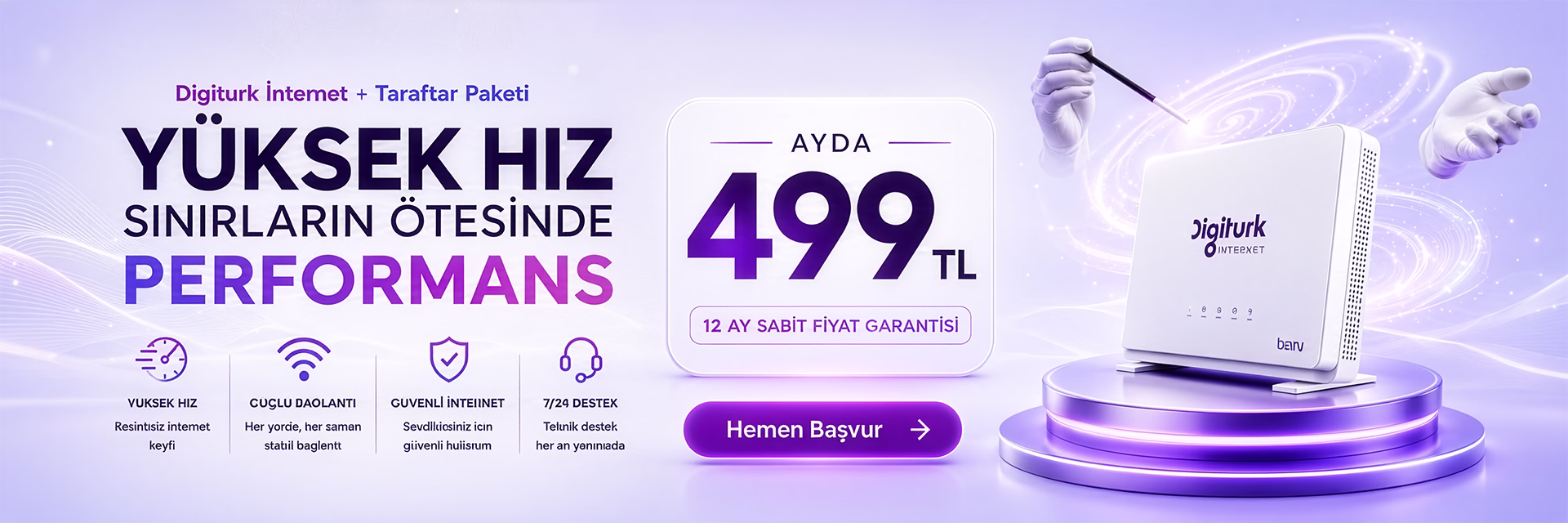 Digiturk İnternet ve Taraftar Paketi için yüksek hızlı internet performansını, 499 TL aylık fiyatı ve hemen başvur çağrısını gösteren ana sayfa hero slider görseli